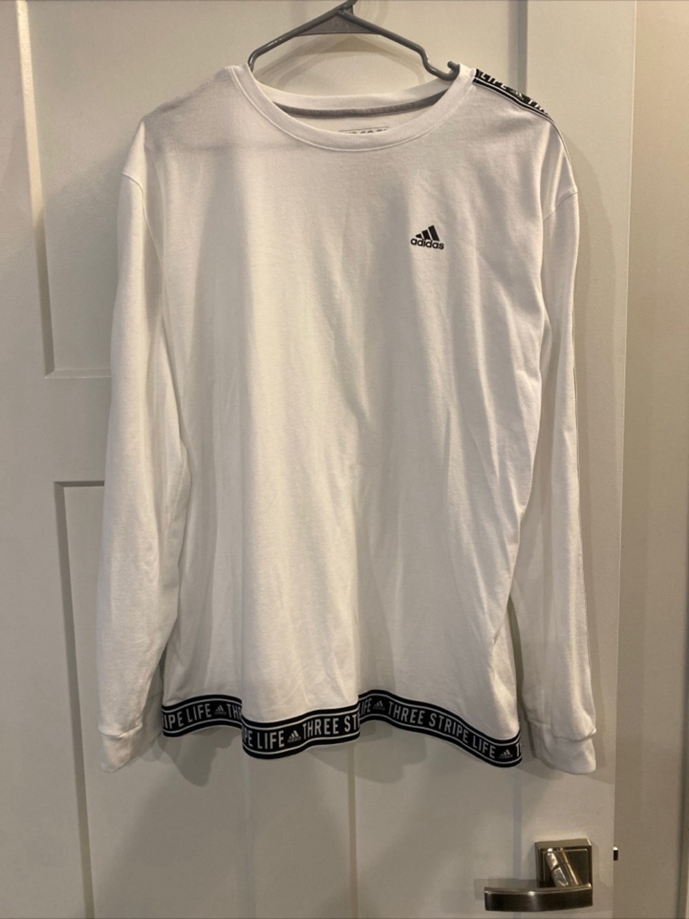adidas White Long-Sleeve Crew with Logo Tape Hem